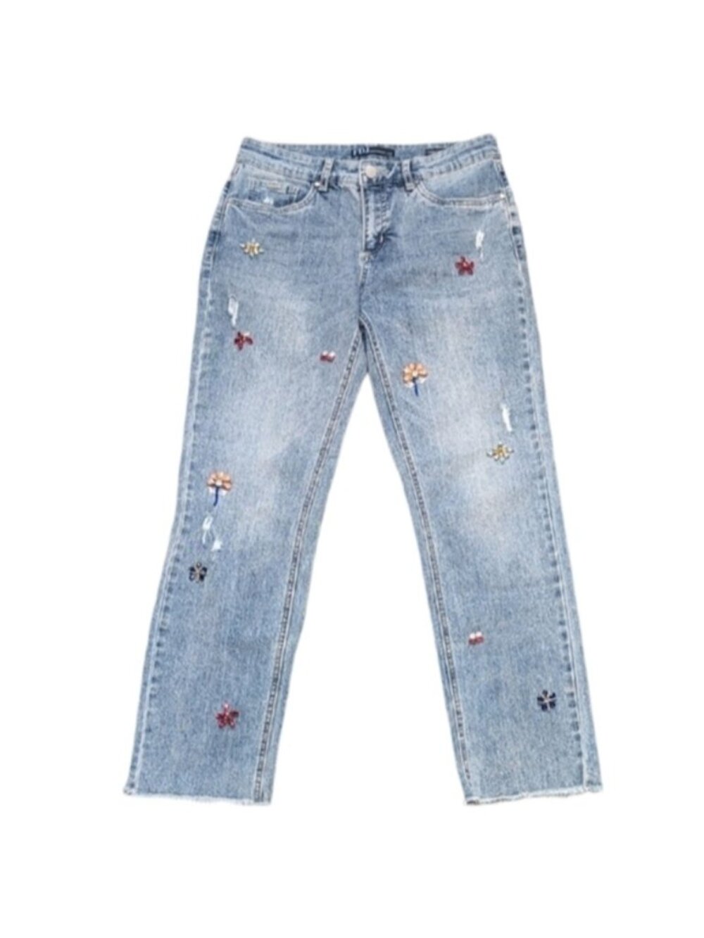 💠FDJ Embellished Floral Distressed Boyfriend Jeans Light Wash Denim Raw Hem